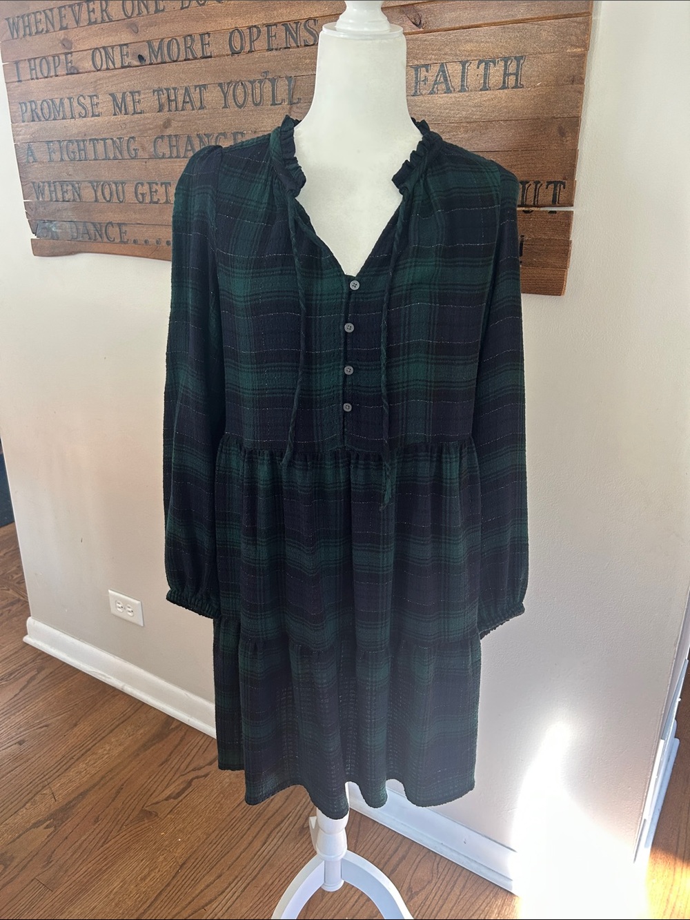 LOFT Dark Green and Black Plaid Ruffle-Yoke Long Sleeve Dress